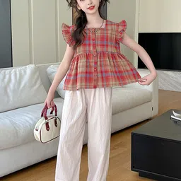 LULU & SKY Checked Flutter Sleeve Cotton Top image 2