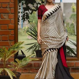 MySilkLove Pearl White and Black Ajrakh Printed Satin Saree-57