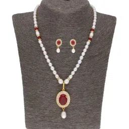 Sri Jagdamba Pearls Red & White Pearl Gold Plated Necklace Set-image-93