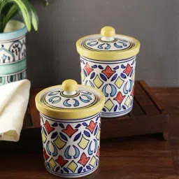 VarEesha Rangriti Yellow & Red Ceramic Storage Jars with Lid (750 ml) - Set of 2-image-16