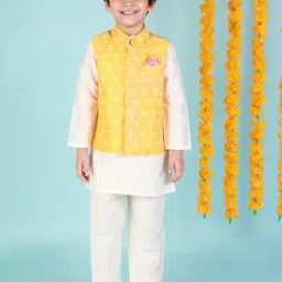 Lil Drama Kids White with Yellow Printed Full Sleeves Kurta, Jacket with Pyjamas-image-72