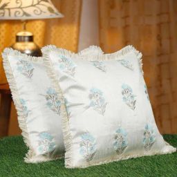 HOSTA HOMES White & Blue Polyester Embellished Frill Cushion Covers - Set of 2-36