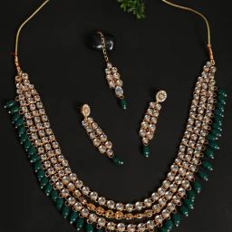 Aatmana Gold-Plated Bridal Kundan Layered Green Necklace Set with Maang Tikka-16