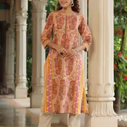 Rain and Rainbow Beige Pure Cotton Printed Straight Kurta-picture-44