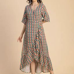 Moomaya Teal & Red Printed High-low Dress-image-61