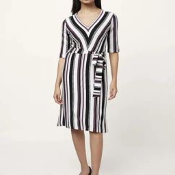 Annabelle by Pantaloons White & Purple Striped A-Line Dress-picture-5