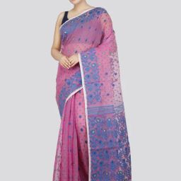 Pinkloom Pink & Blue Cotton Woven Saree-picture-43