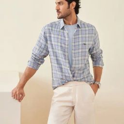 Andamen Blue Linen Regular Fit Check Shirt-image-53