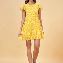 People by Pantaloons Yellow Floral Print A-Line Dress-image-21