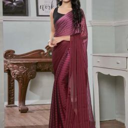 Satrani Maroon & Dusty Pink Striped Saree With Unstitched Blouse-image-28