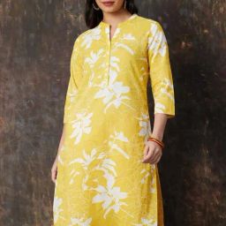 Melange By Lifestyle Yellow Cotton Regular Fit Printed Kurtas-image-82