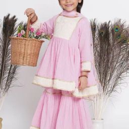 Little Bansi Kids Pink & White Embroidered Kurta, Sharara with Dupatta-image-22