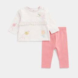 Mothercare Kids White & Coral Striped Full Sleeves Top with Leggings-image-23