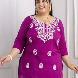 Lee Moda Plus Size Paisley Embroidered Round Neck Pure Cotton Kurti-58