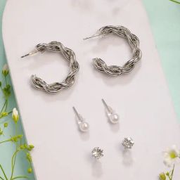 NVR Silver-Plated Artificial Stones Half Hoop Earrings for Women Set of 3-20