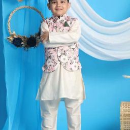 VASTRAMAY Boys Pink & Cream Floral Full Sleeves Kurta Sets-image-65