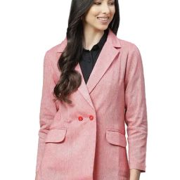 Cottinfab Pink Cotton Regular Fit Double Breasted Blazer-image-5