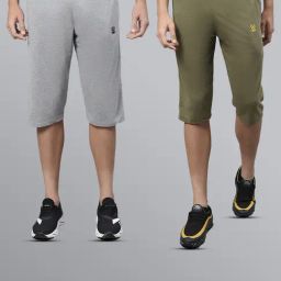 Vimal Jonney Light Grey & Olive Regular Fit Lounge Capris- Pack of 2-image-83