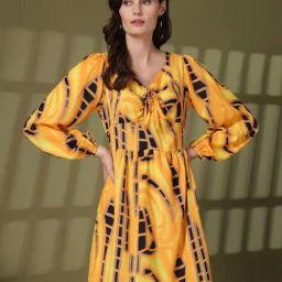 Melon By plusS Mustard Cotton Printed A-Line Dress-image-33