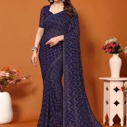 Satrani Blue Printed Saree With Unstitched Blouse-image-98
