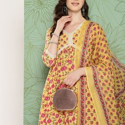 Yufta Women Floral Printed Regular Pure Cotton Kurta with Trousers & With Dupatta-image-11