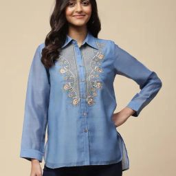 aarke Ritu Kumar Sea Blue Embroidered Shirt-image-23