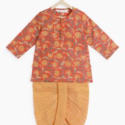 Campana Kids Orange & Mustard Floral Print Full Sleeves Kurta with Dhoti-image-36