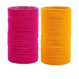 Guddan Set of 96 Rani & Haldi Metal Velvet Bangles-image-56