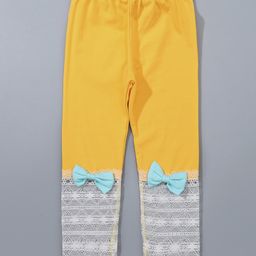 Kookie Kids Full Length Cotton Lycra Leggings With Lace And Bow Applique - Yellow-37