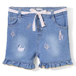 ToffyHouse Cotton Denim Mid Thigh Length Stretchable Shorts With Belt Swan Embroidery- Blue-image-84