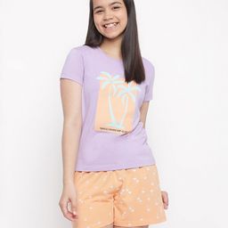 Lil Tomatoes Half Sleeves Coconut Trees Printed Night Suit - Purple-image-73