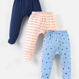 Doodle Poodle 100% Cotton Bootie Legging Stripes & Star Print Pack of 3 - Orange White & Blue-image-59