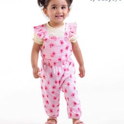 Babyoye Eco Conscious 100 % Cotton Half Sleeves T-Shirt & Dungarees  With Floral Print - Cream & Pink-image-7