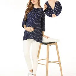 Bella Mama Viscose Three Forth Sleeves Maternity Top With Pocket Floral Print - Navy Blue-picture-30