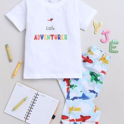 Knitting Doodles Premium Cotton Half Sleeves Little Adventurer Aeroplanes Printed Tee & Pajama - Blue & White-picture-14