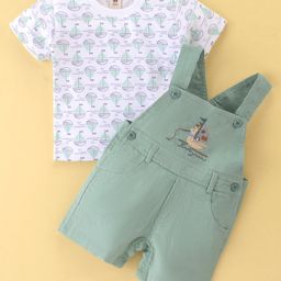 ToffyHouse Dungaree & Half Sleeves T-Shirt Set With Boat Print & Embroidery - White & Sea Green-image-33