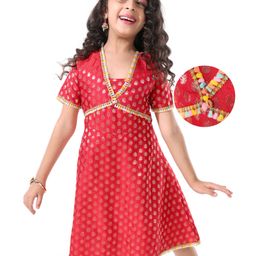 EARTHY TOUCH Woven Half Sleeves Brocade Ethnic Dress with Multicolored Lace  Gold Foil Print - Red-image-82