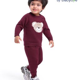 Babyoye 100% Cotton Knit Full Raglan Sleeves Solid Colour Sweater Set Bear Patch detailing - Violet-picture-21