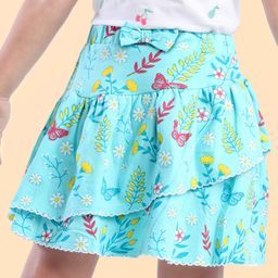 Babyhug Single Jersey Knit Knee Length Skirt Floral Print with Bow Applique - Blue-image-97