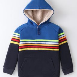 Yellow Apple Knitted Full Sleeves Hooded Pullover Sweater With Stripes Design & Kangaroo Pockets - Blue-image-17