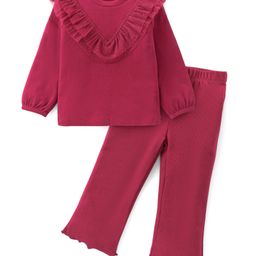 Babyhug Cotton Knit Full Sleeves Solid Color Top & Leggings Set With Mesh Detailing - Maroon-image-53