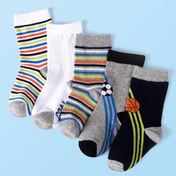 Cute Walk by Babyhug Cotton Knit Anti-Bacterial Ankle Length Sporty & Stripe Design Socks Pack of 5 - White Grey & Black-image-95
