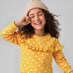 Babyhug Cotton Knit Full Sleeves Sweatshirt With Polka Dot Print & Frill Detailing - Yellow-image-106