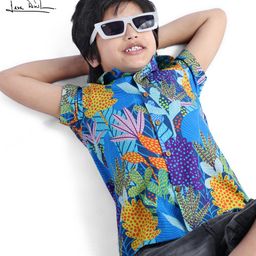 Arias Cotton Woven Half Sleeves Shirt with Floral Print - Light Blue & Orange-image-89