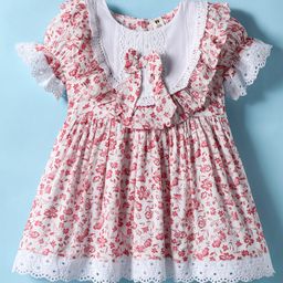 ToffyHouse Cotton Woven Half Sleeves Frock With Floral Print & Bow Applique - White-image-45