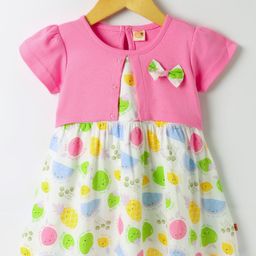 Dew Drops Poplin Woven Half Sleeves Frock with Fruits Print & Bow Applique - Pink-image-66