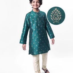 Pine Kids Woven Full Sleeves Kurta Pyjama Set with Floral Foil Print - Teal Blue-image-82