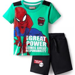 Babyhug Marvel Single Jersey Knit Half Sleeves T-Shirt & Shorts Set with Spider Man Graphics & Badge Detailing - Green & Black-picture-10