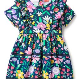Babyhug Cotton Woven Half Sleeves Frock With Floral Print & Lace Detailing - Navy Blue-image-52