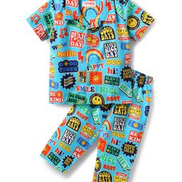 Babyhug Cotton Woven Half Sleeves Co-ords Night Suit with Text Print - Light Blue-image-26